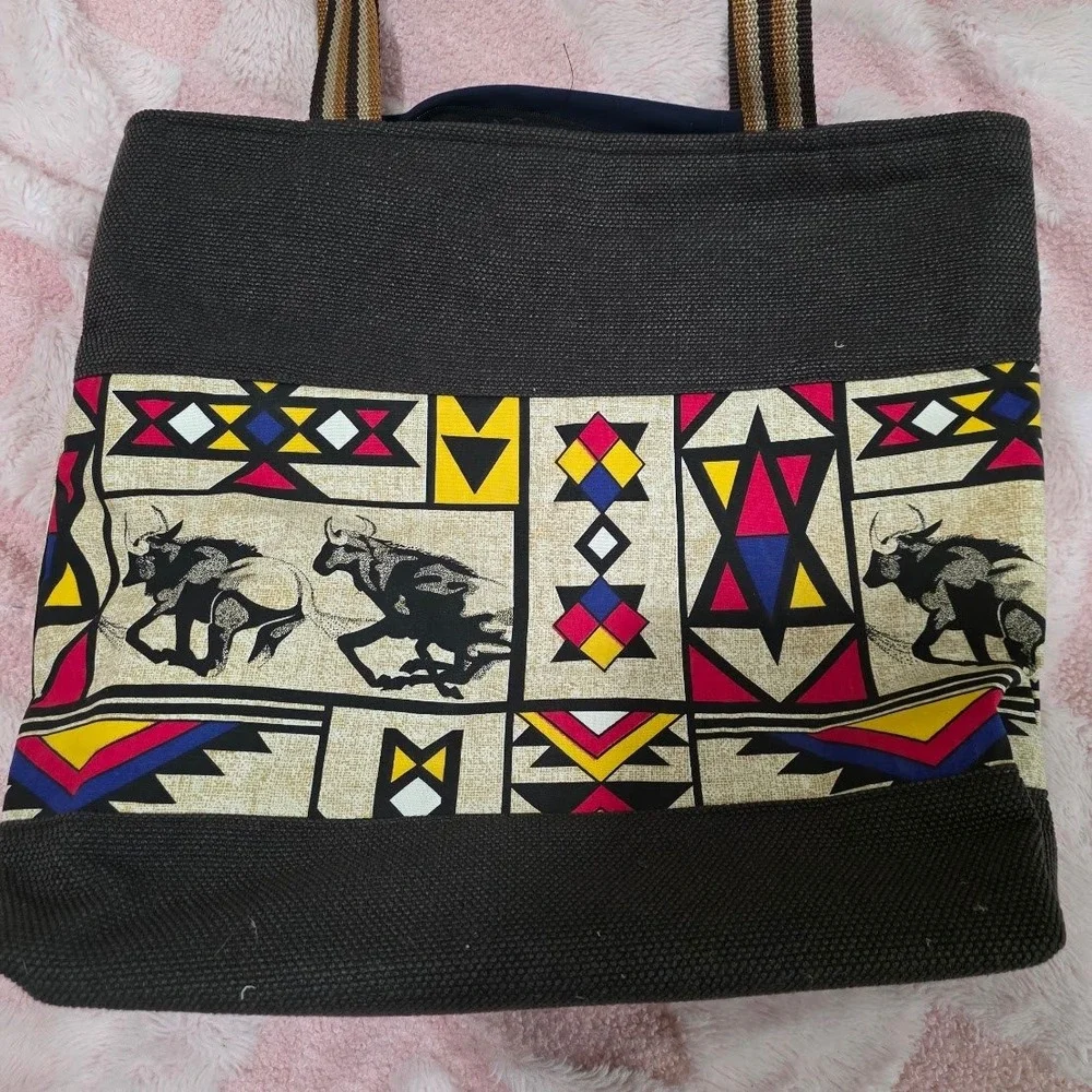 African Tribal Print Canvas Tote Bag Wildebeest Safari Geometric Shopper Grey